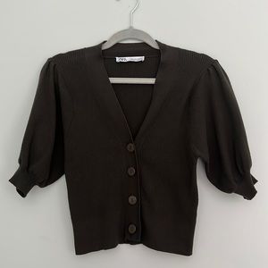 Women’s Zara Dark Forest Green Ribbed 3/4 Puff Sleeve Cardigan Sz Medium